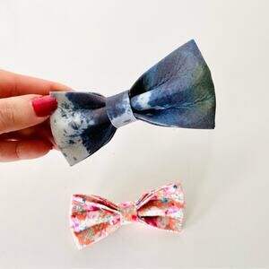 2 NEW HANDMADE Navy Blue Dye Orange Floral Dog Cat Pet Collar Elastic Bow Tie